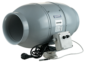 Äänivaimennettu kanavapuhallin Iso-Mix 200mm / 1035m3/h G1 Lämpötilan ja kierroksenlukusäädin 