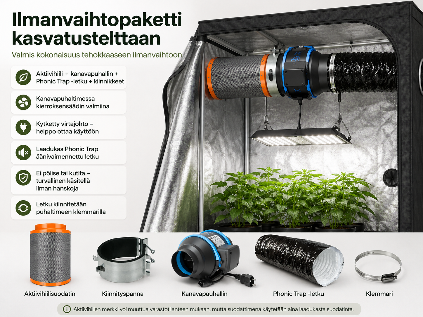 Ilmanvaihtopaketti 150 mm – säädettävä kanavapuhallin, aktiivihiili ja Phonic Trap -letku