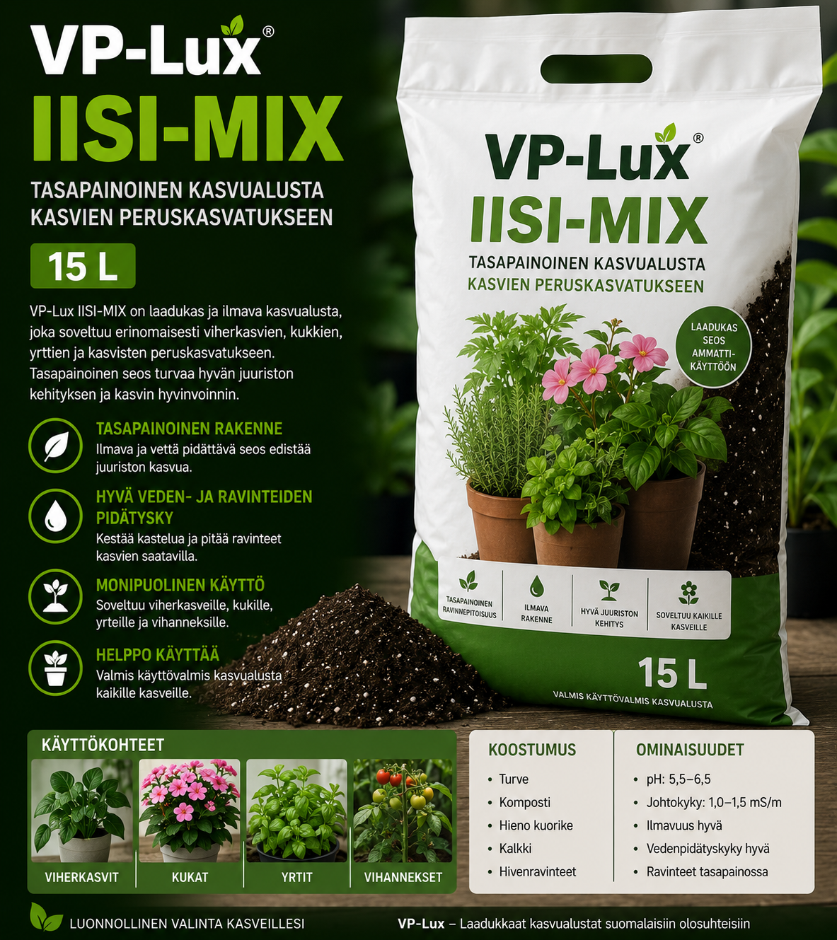 VP-Lux IISI-MIX – tasapainoinen kasvualusta kasvien peruskasvatukseen (5 L)
