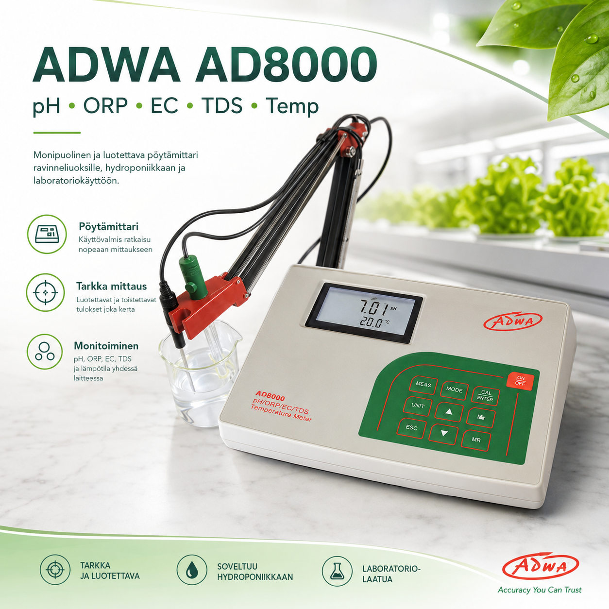 ADWA AD8000 pH/EC/TDS/ORP monitoimimittari ravinneliuoksille