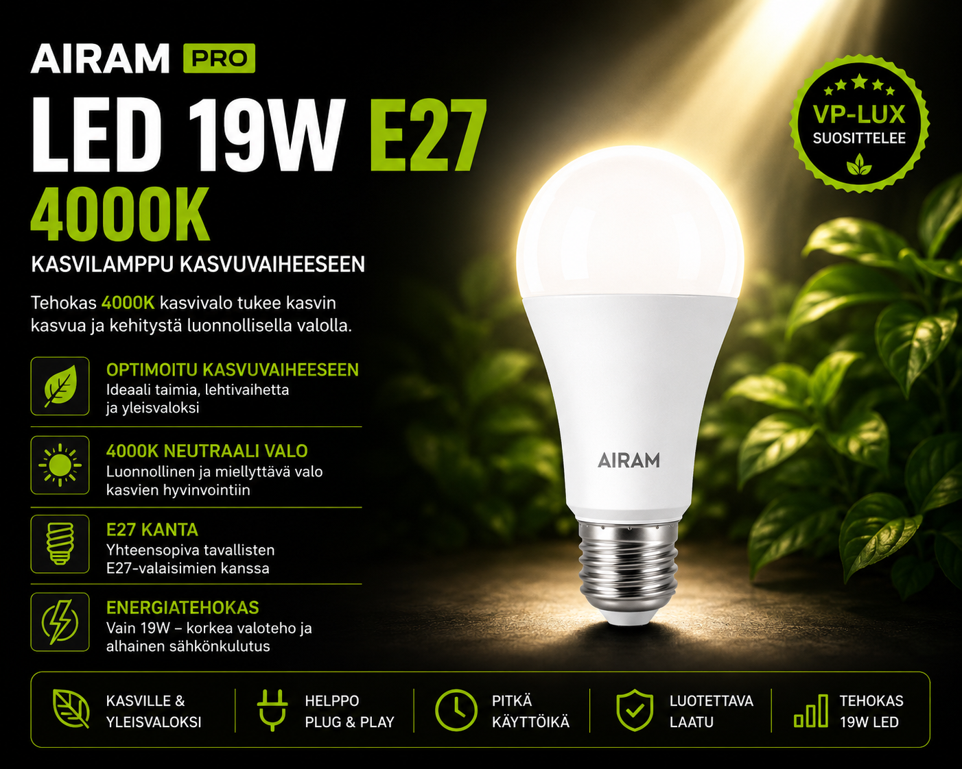 Airam Pro LED 19W E27 4000K – kasvilamppu kasvuvaiheeseen