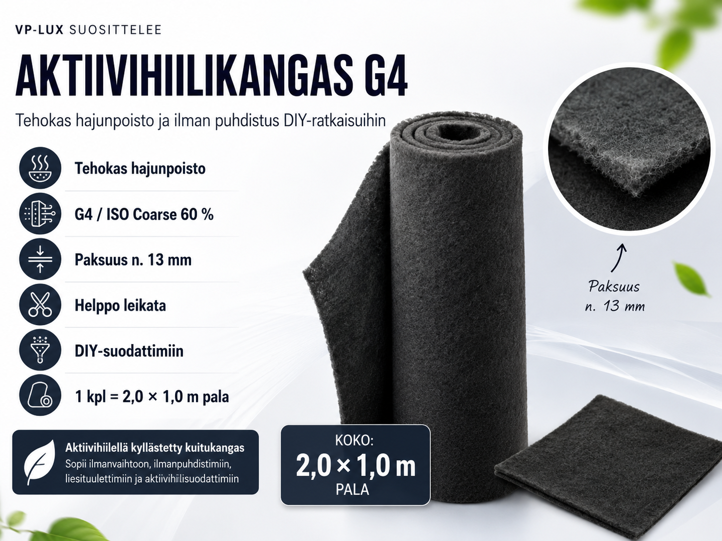 Aktiivihiilikangas G4 – 2,0 × 1,0 m, 13 mm (ISO Coarse 60%)