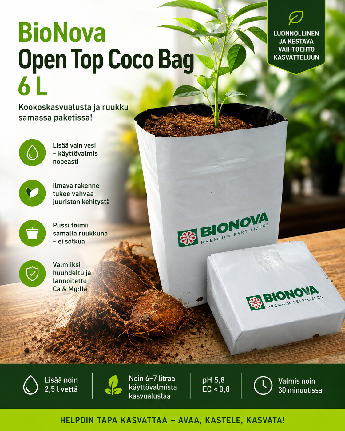 BioNova Open Top Coco Bag 6 L – turvotettava kookoskasvualusta ja ruukku