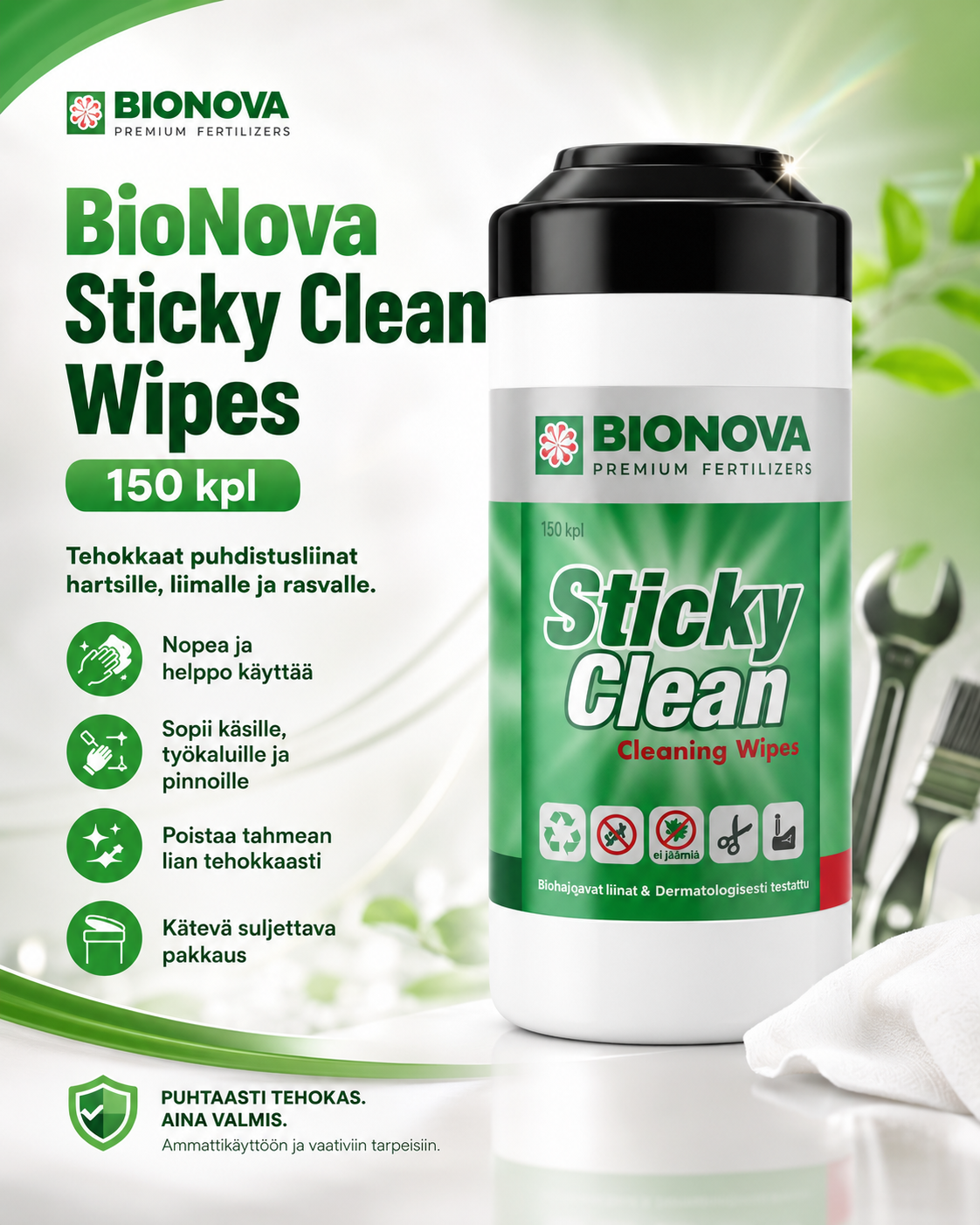 BioNova Sticky Clean Wipes 150 kpl – puhdistusliinat hartsille, liimalle ja rasvalle