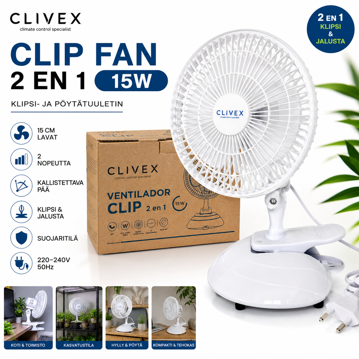 Clivex Clip Fan 15W – 2-in-1 klipsi- ja pöytätuuletin 15 cm