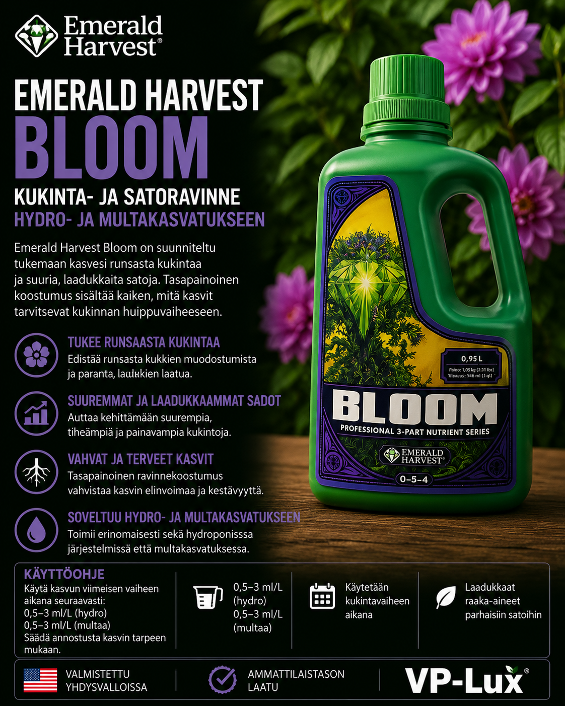 Emerald Harvest Bloom - kukinta- ja satoravinne hydro- ja multakasvatukseen