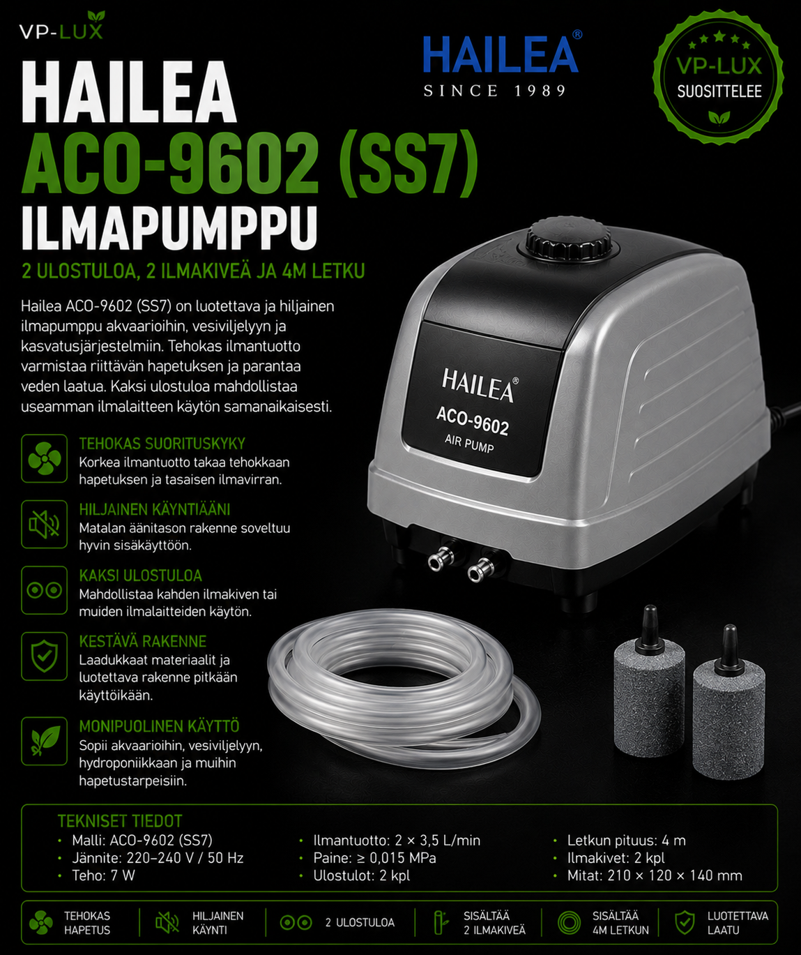 Hailea ACO-9602 (SS7) ilmapumppu, 2 ulostuloa, 2 ilmakiveä ja 4m letku