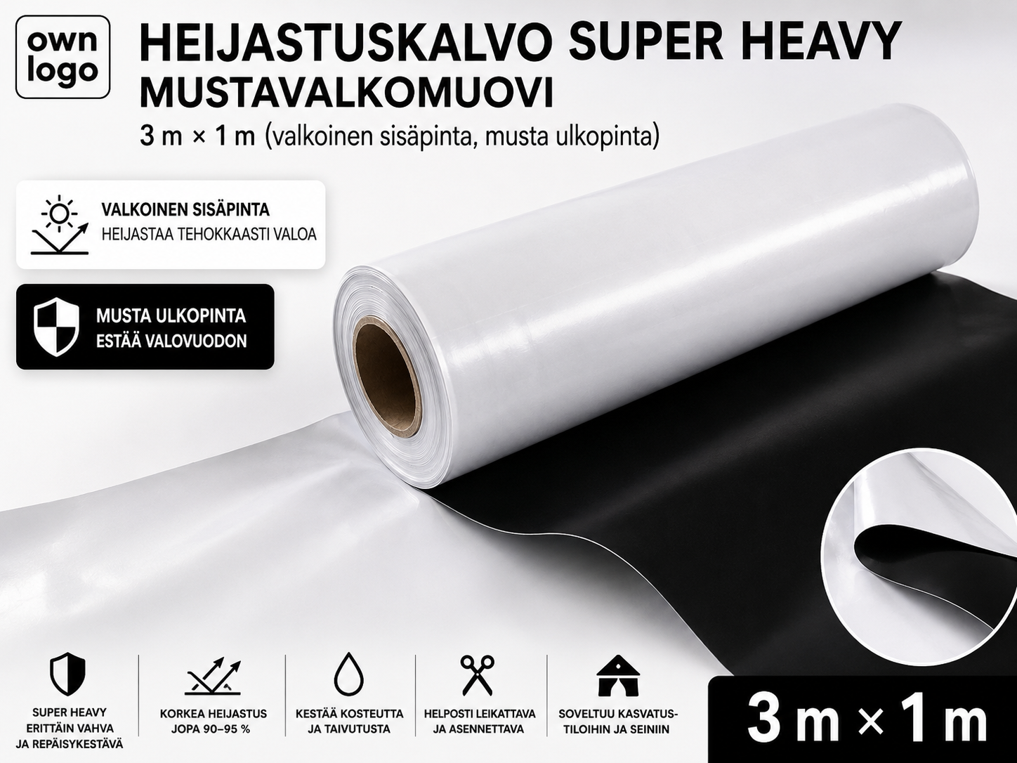 Heijastuskalvo Super Heavy – mustavalkomuovi 3 m × 1 m (valkoinen sisäpinta, musta ulkopinta)