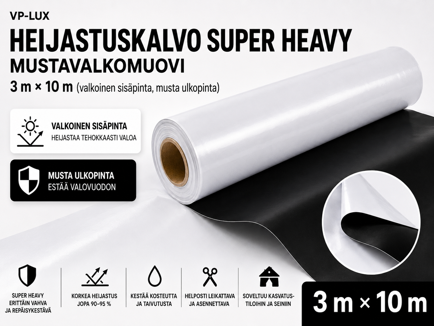 Heijastuskalvo Super Heavy – mustavalkomuovi rulla 3 m × 10 m (valkoinen sisäpinta, musta ulkopinta)