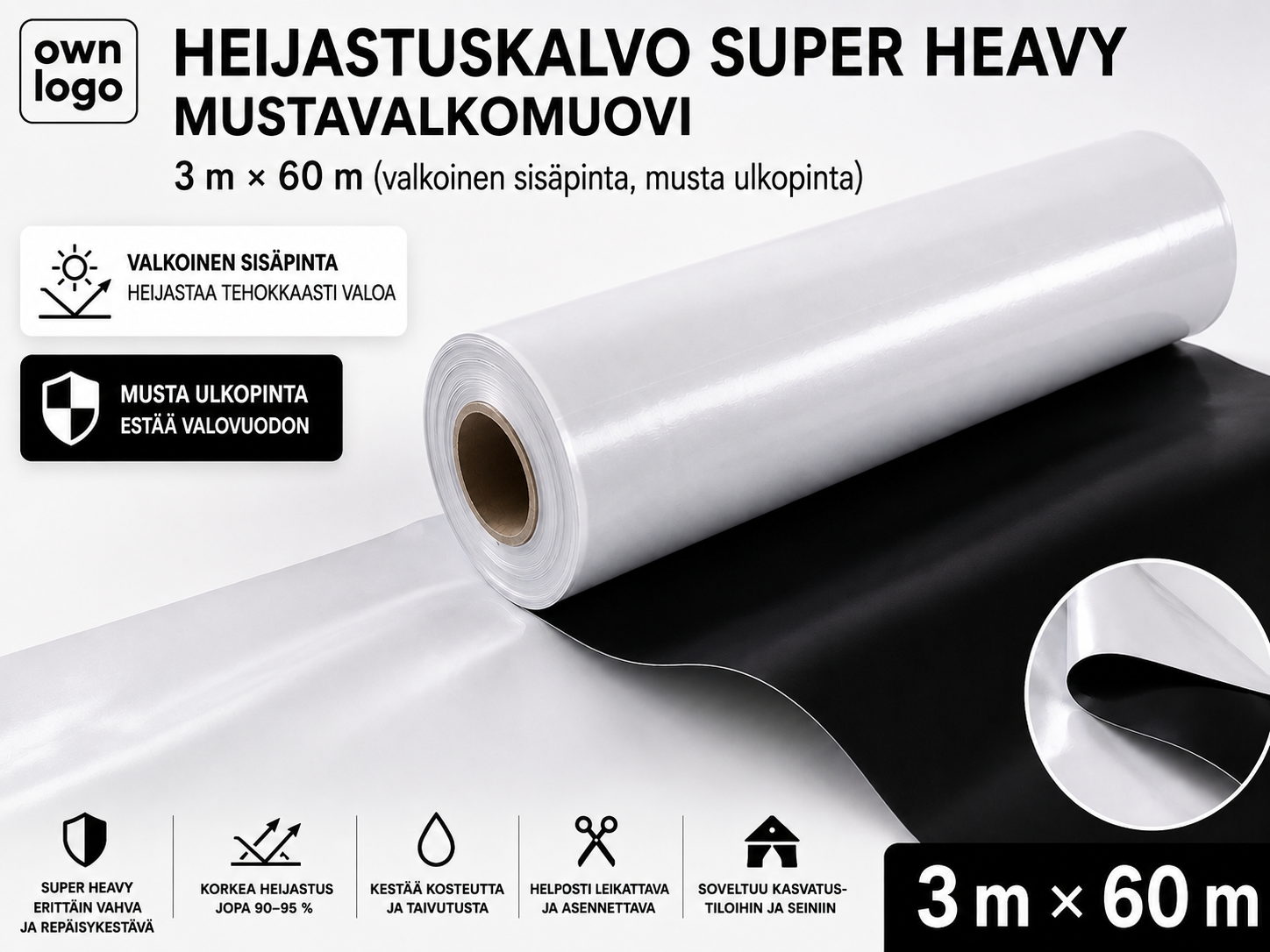 Heijastuskalvo Super Heavy – mustavalkomuovi rulla 3 m × 60 m (valkoinen sisäpinta, musta ulkopinta)