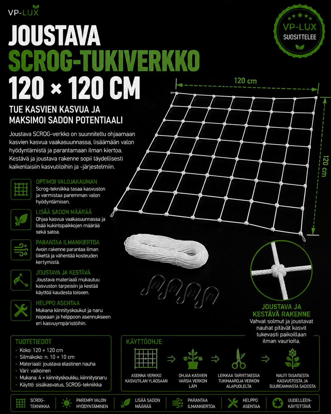 Joustava SCROG-tukiverkko 120 × 120 cm