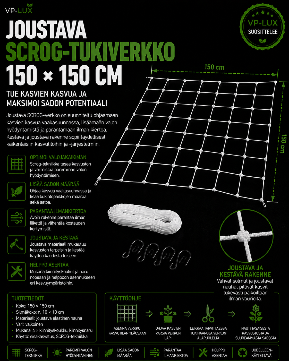 Joustava SCROG-tukiverkko 150 × 150 cm