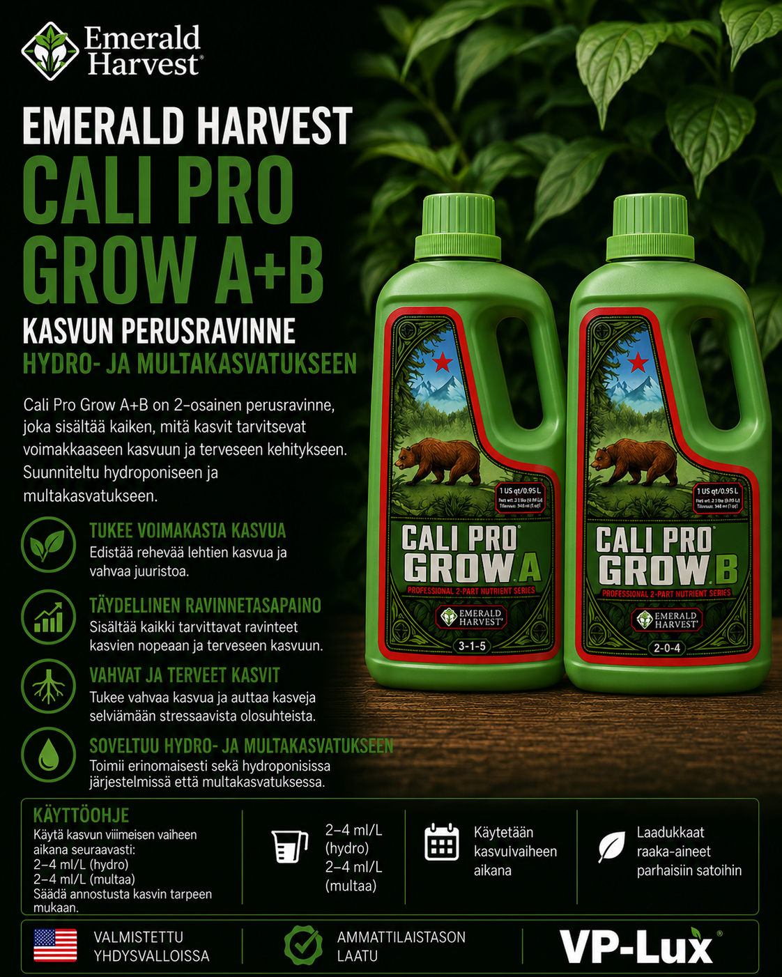 KAKSI YHDEN HINNALLA Emerald Harvest Cali Pro Grow A plus B - Kasvun perusravinne