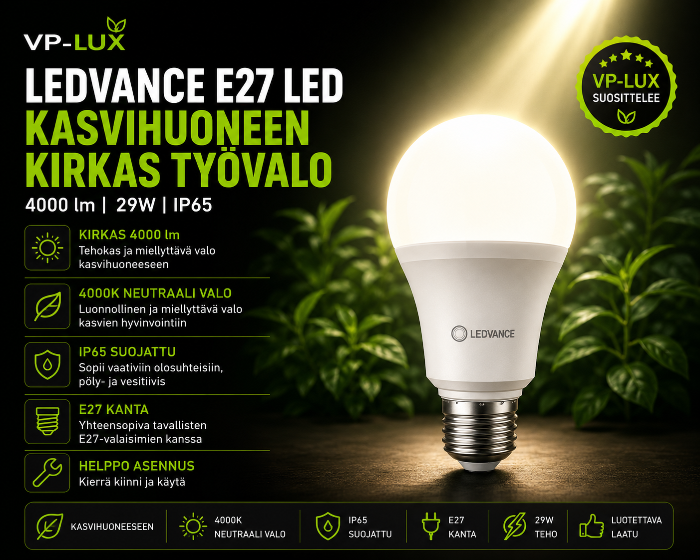 Kasvihuoneen kirkas työvalo 4000 lm - LEDVANCE E27 LED IP65, 29W