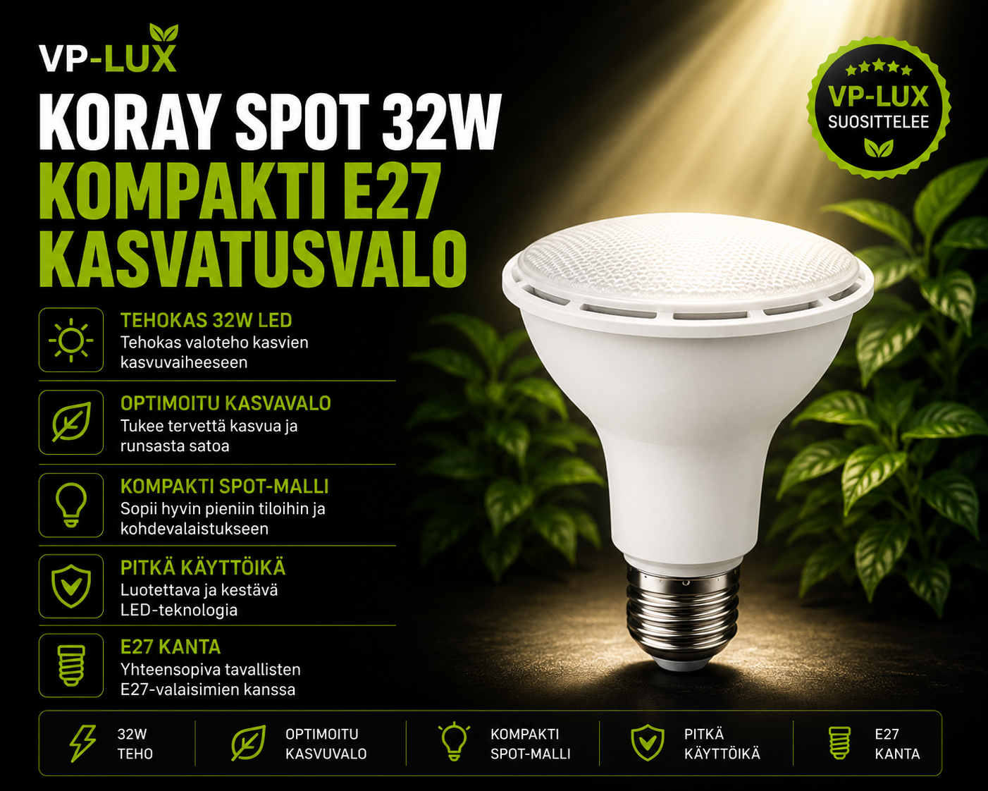 Kasvilamppu Koray Spot 32W – Kompakti E27-kasvatusvalo