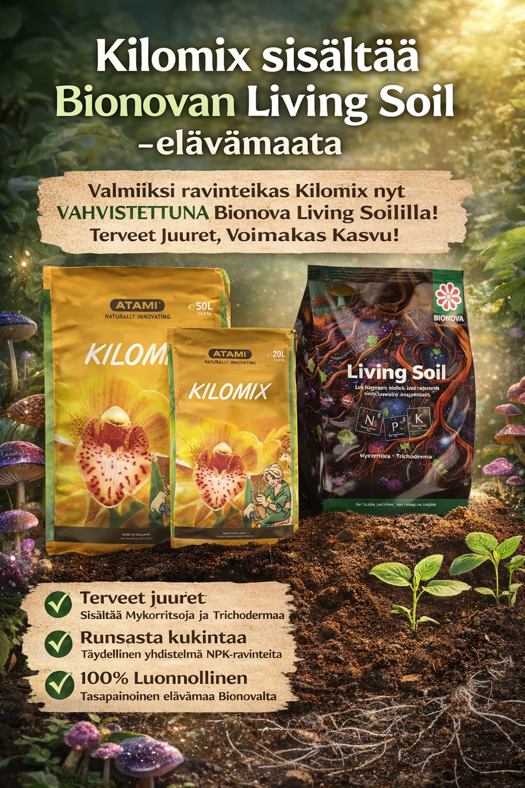 Atami Kilomix + Bionova Living Soil 50L – ravinteikas kasvualusta, vahva juuristo ja nopea startti