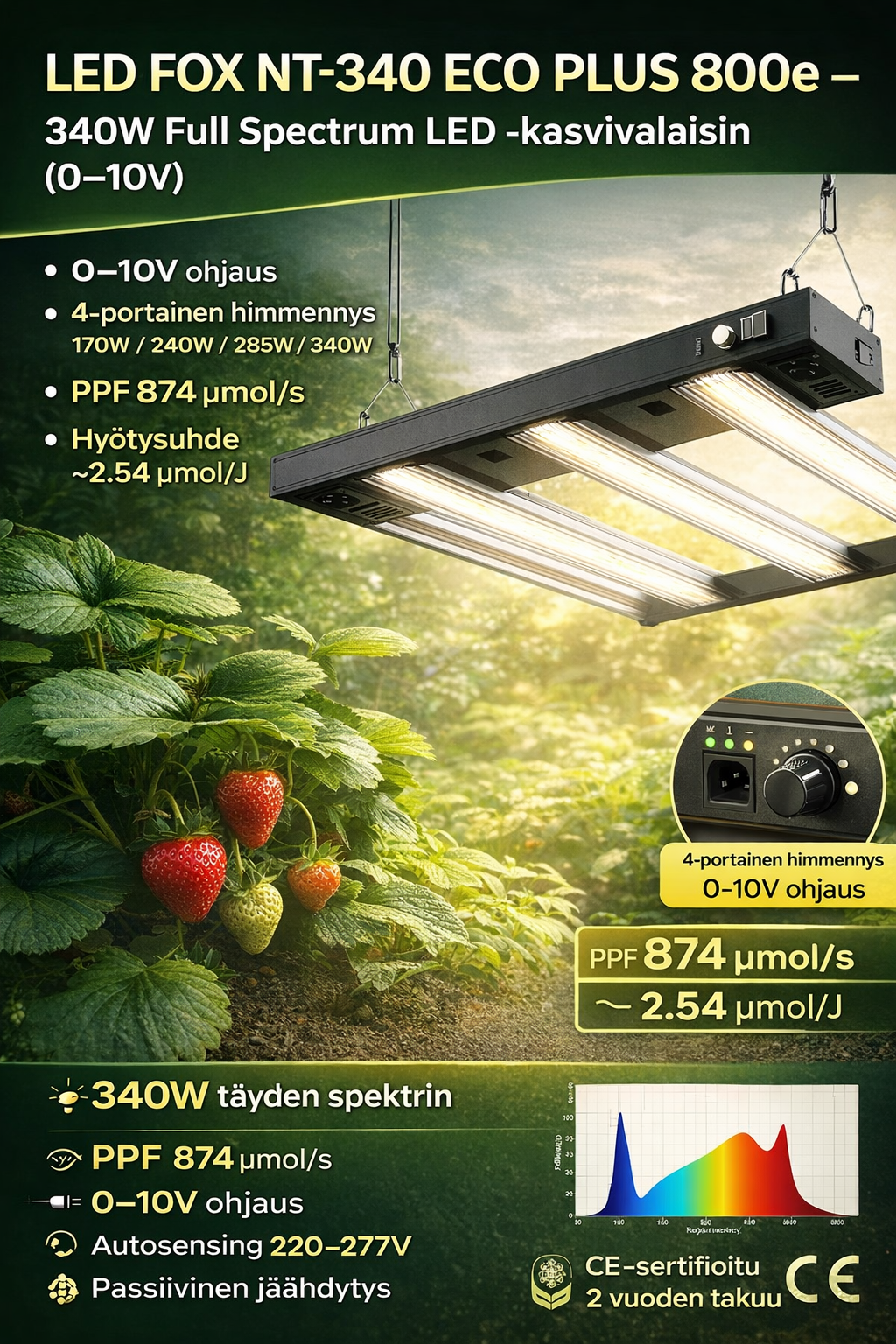 LED FOX NT-340 ECO PLUS – 340W Full Spectrum LED -kasvivalaisin (0–10V, 4-portainen himmennys)
