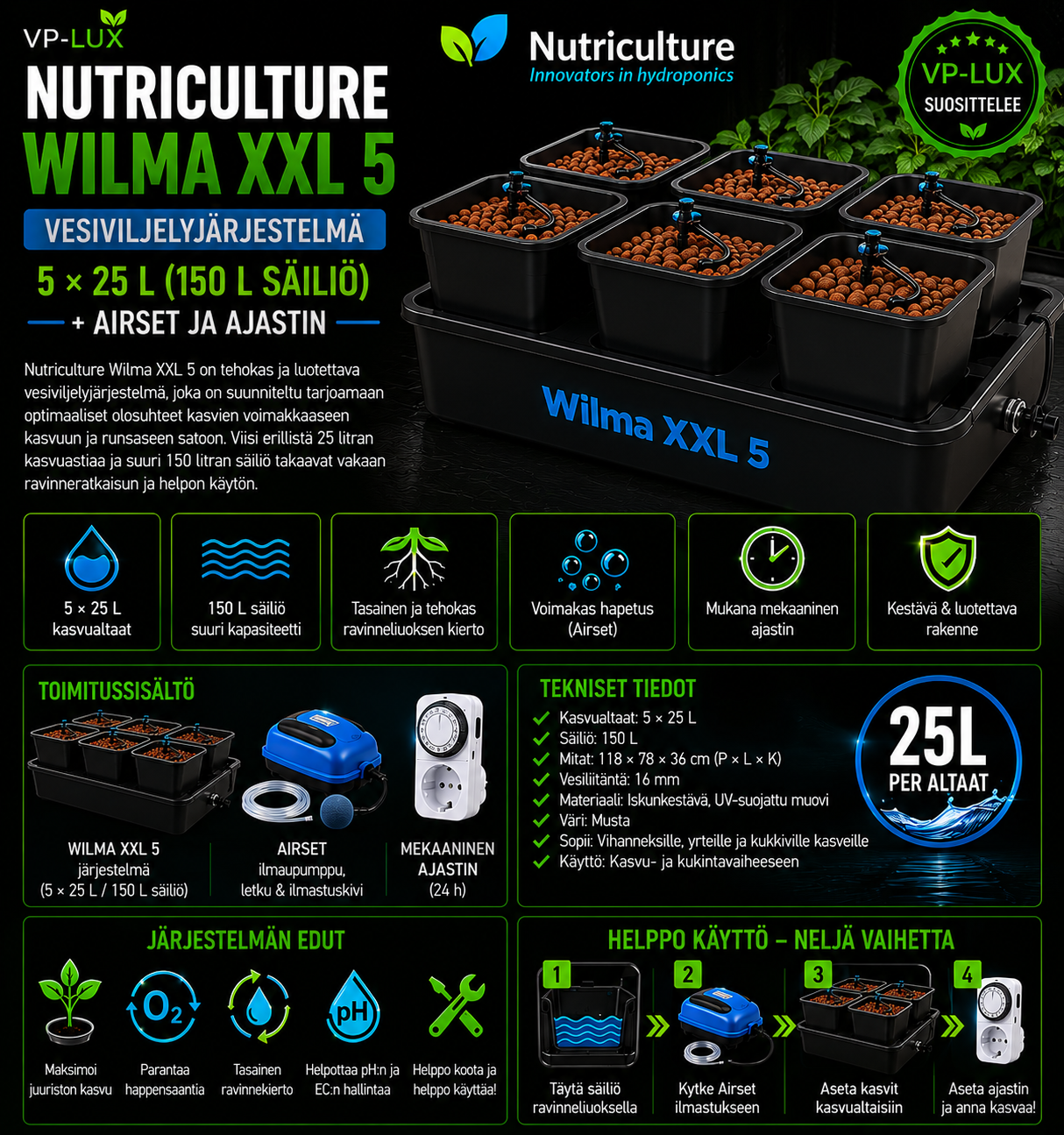 Nutriculture Wilma XXL 5 – Vesiviljelyjärjestelmä 5 × 25 L (150 L säiliö) + Airset ja ajastin