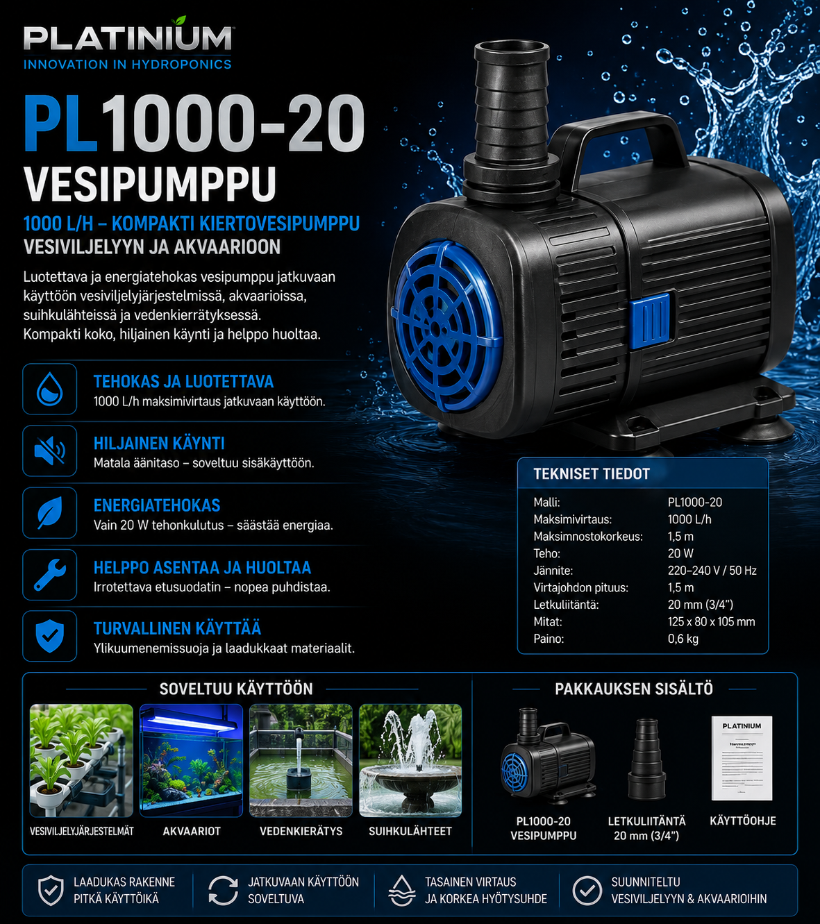 Platinium PL1000-20 vesipumppu 1000 L/h – kompakti kiertovesipumppu vesiviljelyyn ja akvaarioon