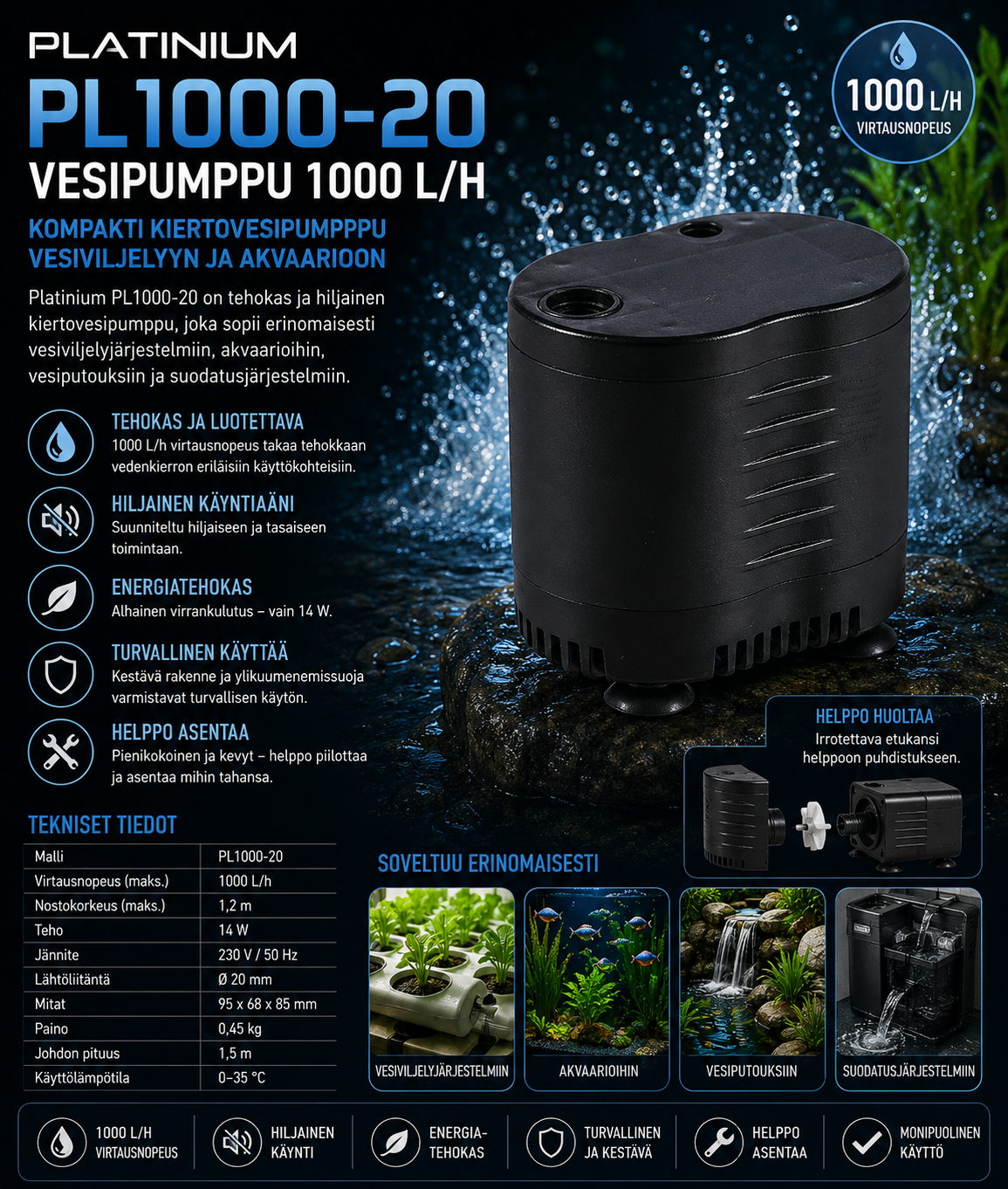 Platinium PL1000-20 vesipumppu 1000 L/h – kompakti kiertovesipumppu vesiviljelyyn ja akvaarioon