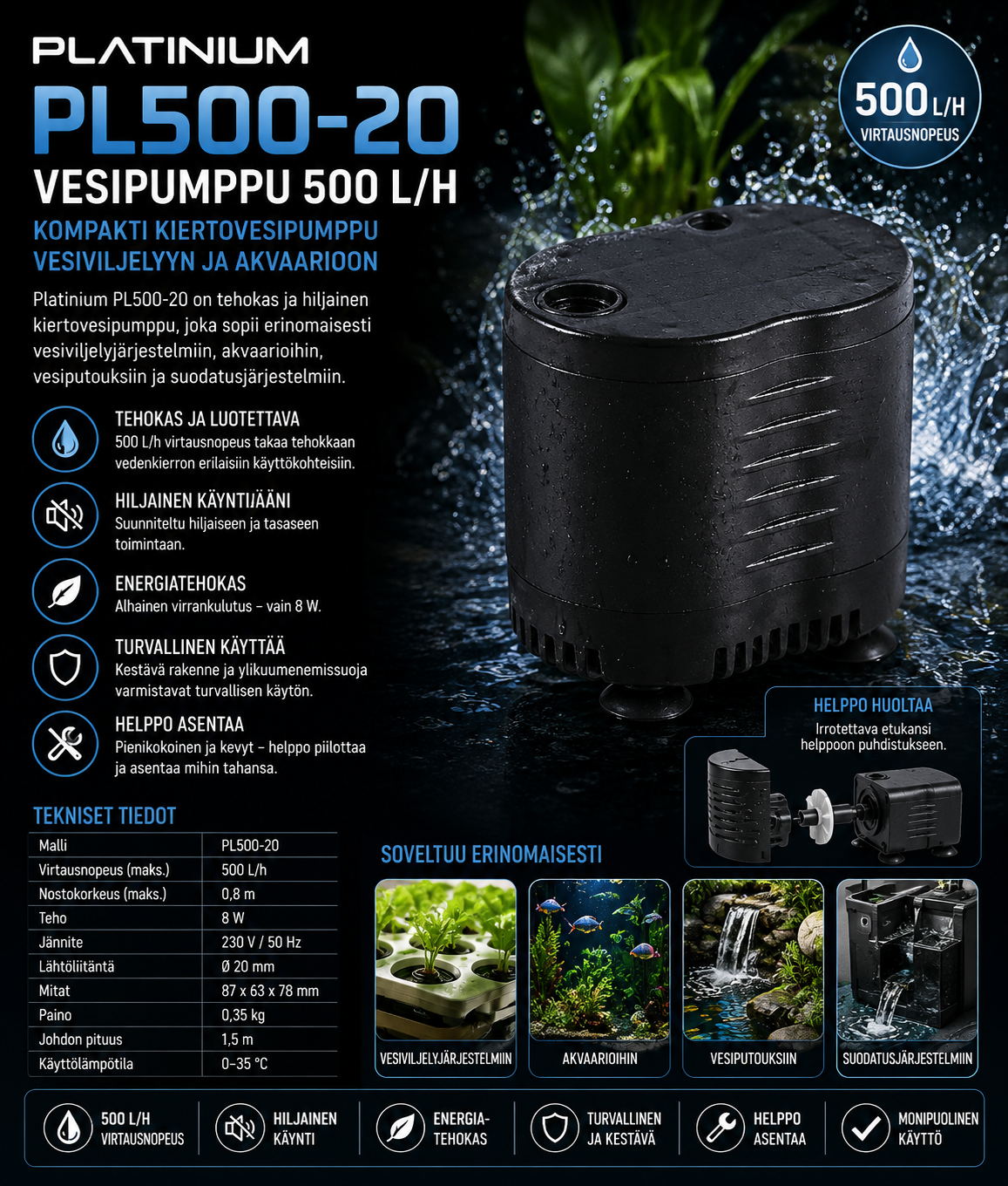 Platinium PL500-20 vesipumppu 500 L/h – kompakti kiertovesipumppu vesiviljelyyn ja akvaarioon