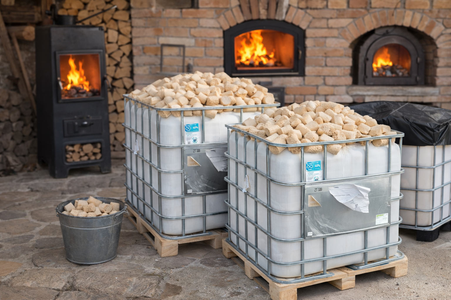 Puu-/sahanpurubriketti IBC-kontissa 650 kg (n. 2600 kWh) – tiukkaan puristettu lämmitysbriquetti