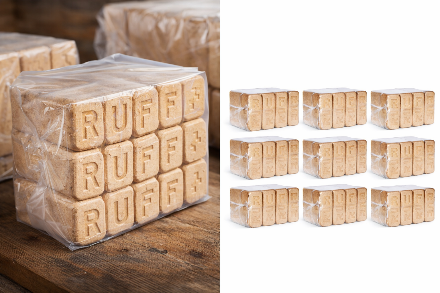 Puubriketti RUF 100 kg (10×10 kg) – erittäin kuiva kovapuubriketti takkaan ja kamiinaan