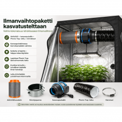 Ilmanvaihtopaketti 100 mm kasvatustelttaan – aktiivihiili, säädettävä kanavapuhallin ja Phonic Trap -letku