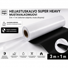Heijastuskalvo Super Heavy – mustavalkomuovi 3 m × 1 m (valkoinen sisäpinta, musta ulkopinta)