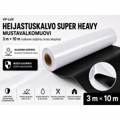 Heijastuskalvo Super Heavy – mustavalkomuovi rulla 3 m × 10 m (valkoinen sisäpinta, musta ulkopinta)