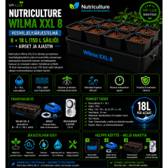 Nutriculture Wilma XXL 8 – Vesiviljelyjärjestelmä 8 × 18 L (150 L säiliö) + Airset ja ajastin