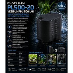 Platinium PL500-20 vesipumppu 500 L/h – kompakti kiertovesipumppu vesiviljelyyn ja akvaarioon