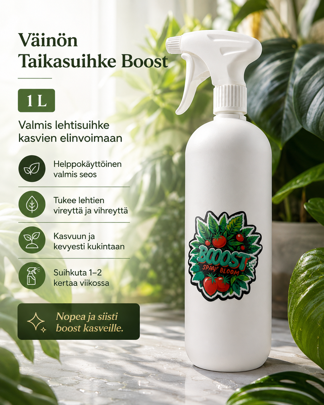 Väinö Taikasuihke Boost – kasvin elinvoimaa ja kasvua tehostava lehtilisä (1 L)