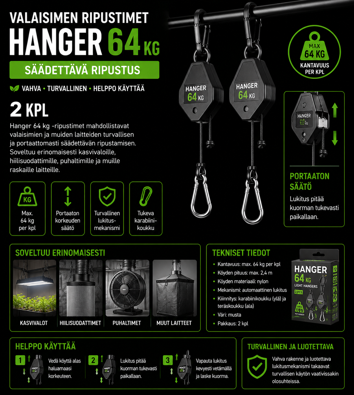 Valaisimen ripustimet Hanger 64 kg – säädettävä ripustus, 2 kpl