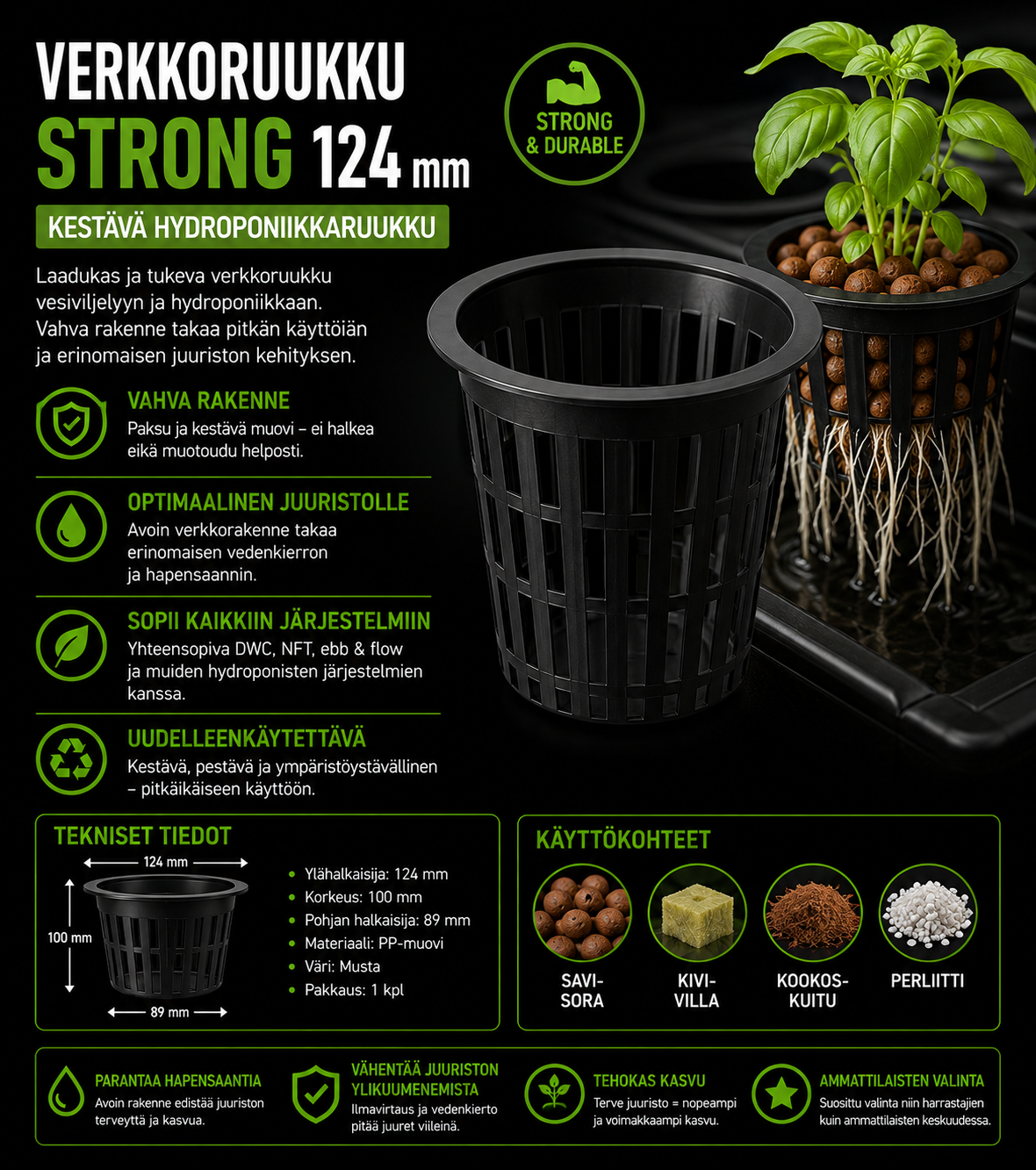 Verkkoruukku Strong 124 mm – kestävä hydroponiikkaruukku